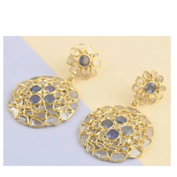 Polki Diamond and Tanzanite Round Flower Earrings - Picture 2 of 3